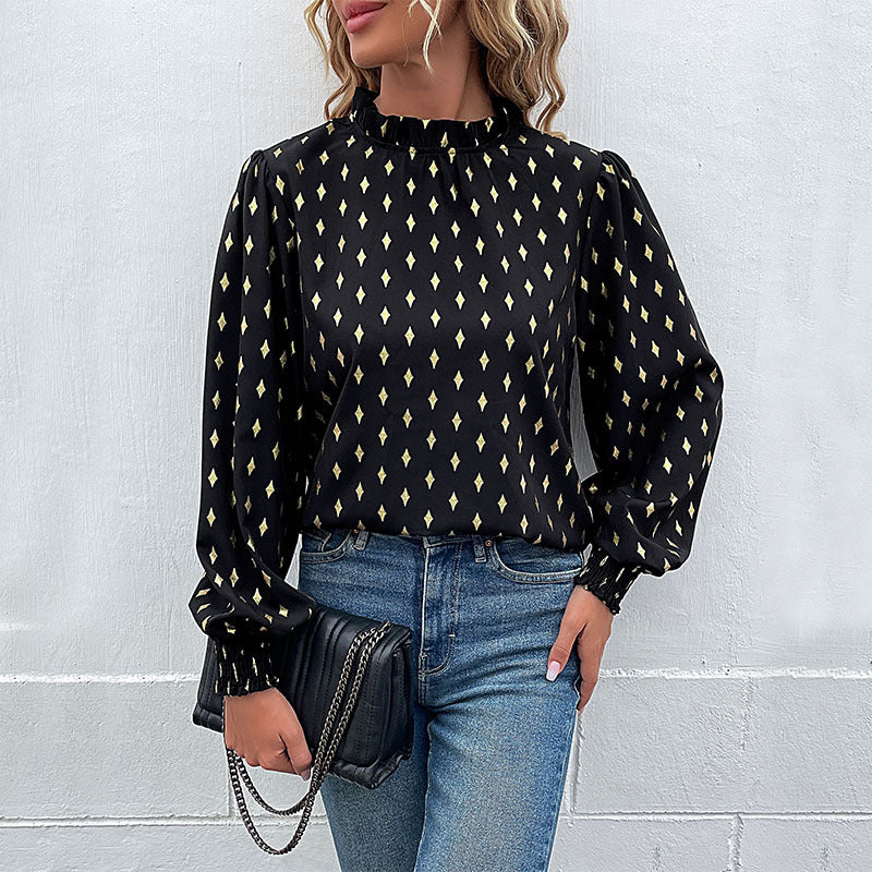 Damen Bluse mit luxuriösem Musterdruck und elegantem Stehkragen EB