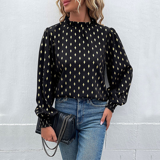 Damen Bluse mit luxuriösem Musterdruck und elegantem Stehkragen EB
