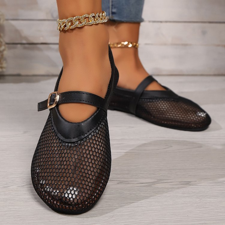 Damen elegante und luftige Ballerinas mit Netzdesign und verstellbarem Riemen EB