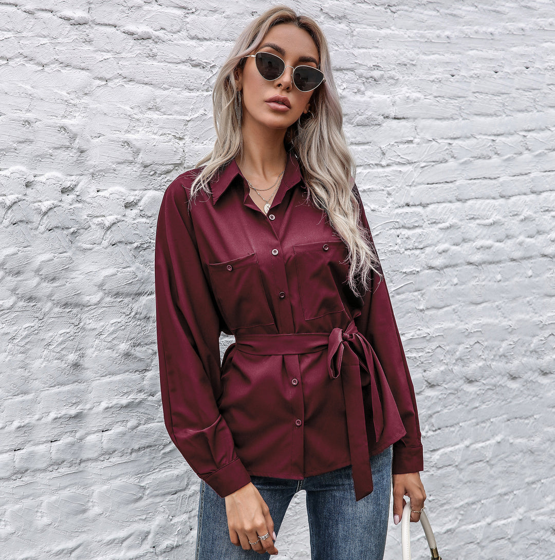 Damen Elegantes Hemdblusenshirt mit Taillengürtel und hochwertigem Satin Material EB