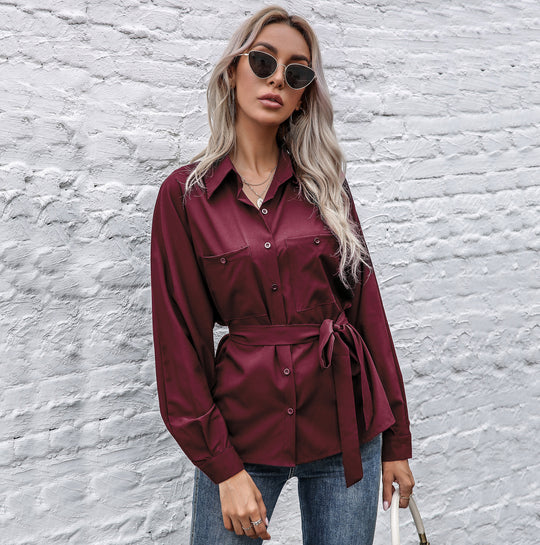 Damen Elegantes Hemdblusenshirt mit Taillengürtel und hochwertigem Satin Material EB