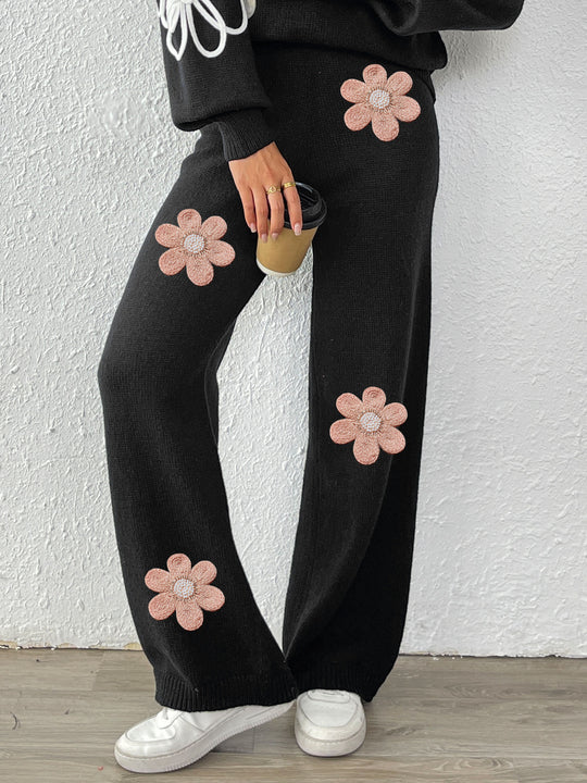 Damen lockere Strickhose mit floralen Applikationen EB