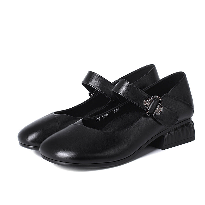 Damen Mary Jane Ballerinas mit dekorativem Riemen und bequemem Blockabsatz EB