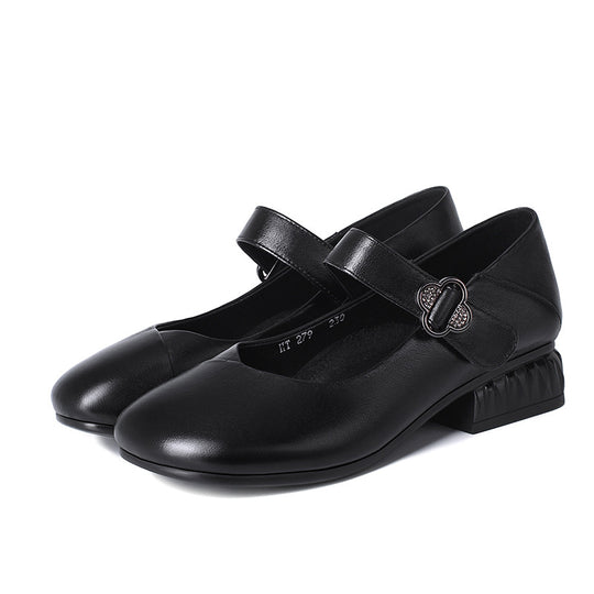 Damen Mary Jane Ballerinas mit dekorativem Riemen und bequemem Blockabsatz EB