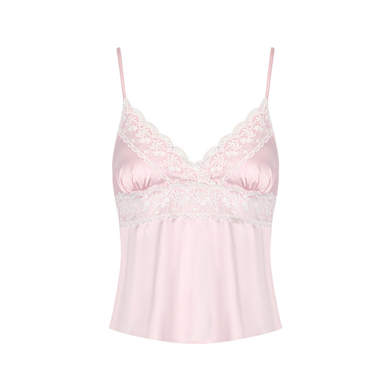 Damen Nackt-Satin Top mit zarten Spitzeinsatz und verstellbaren Trägern EB
