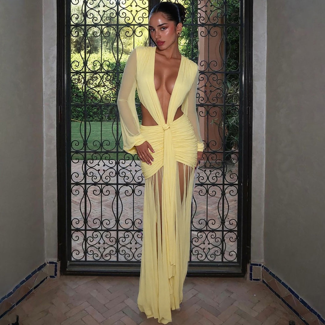 Damen Maxikleid mit raffinierten Drapierungen und tiefem V-Ausschnitt EB
