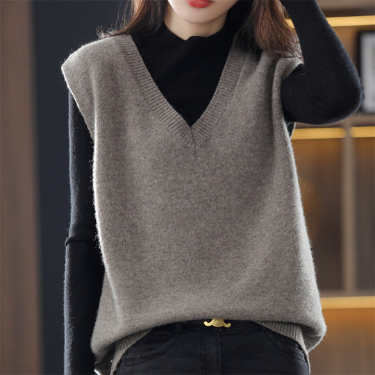 Damen Ärmellose Strickweste mit V-Ausschnitt und Feiner Textur EB