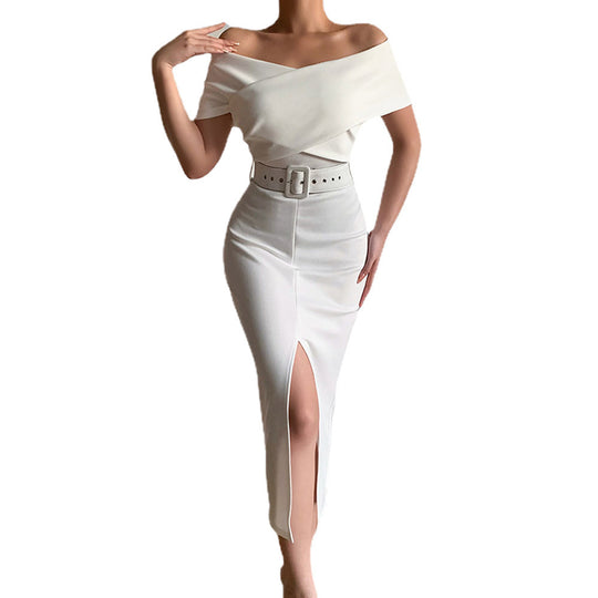 Damen Etuikleid mit schulterfreiem Design und hohem Schlitz EB