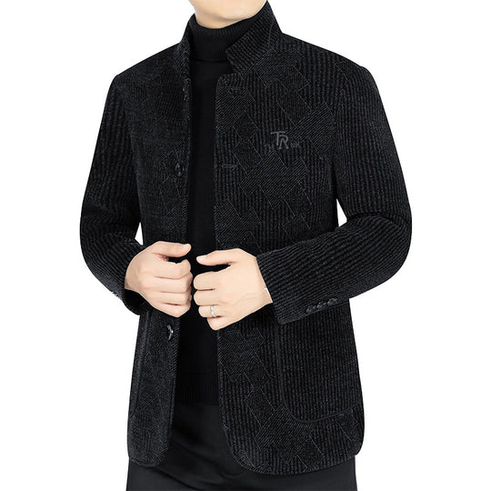 Herren Moderner Stehkragen-Blazer im Bouclé-Look mit feiner geometrischer Struktur EB