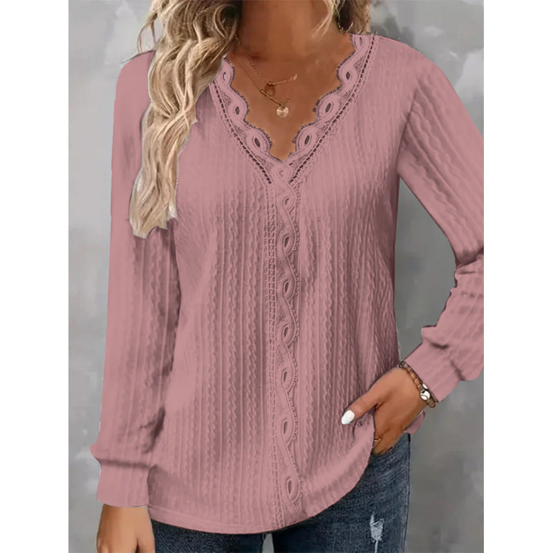 Damen Langarm Bluse mit eleganten Spitzenakzenten und strukturiertem Design EB