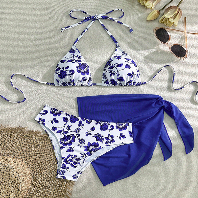 Damen Bikini-Set mit floralem Design und lässigem Überrock EB