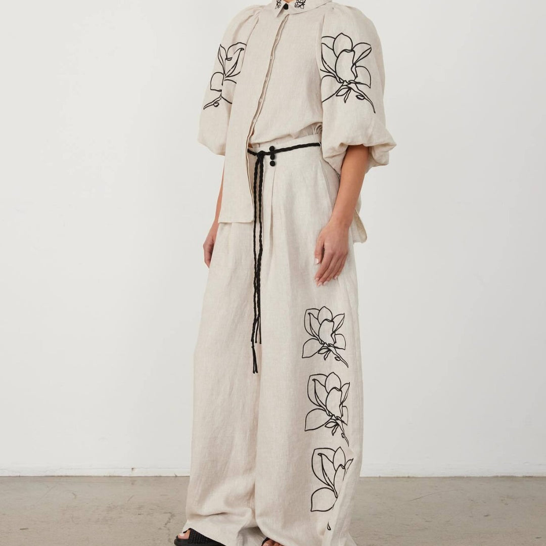 Damen Weit geschnittene Leinenhose mit floralen Stickereien EB
