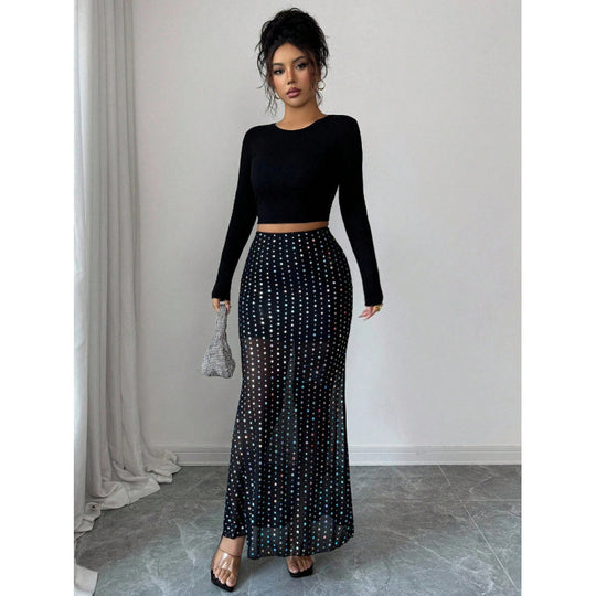 Damen Elegante und schicke maxi Rock mit Pünktchenmuster EB