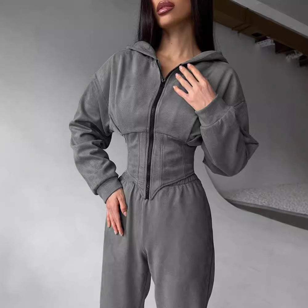 Damen Lässiger Utility-Jumpsuit mit hohem Kragen und Reißverschluss EB