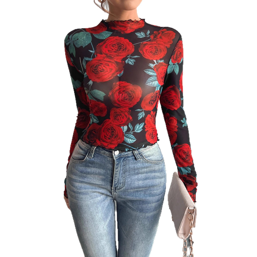Damen Transparente Bluse mit floralem Muster und hohem Kragen EB