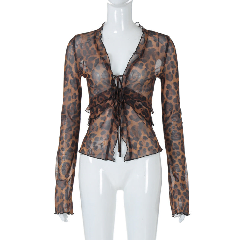 Damen leicht transparentes Oberteil mit Leopardenmuster EB