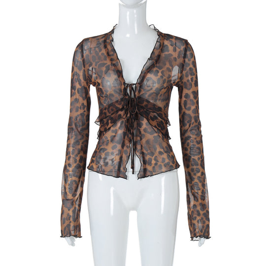 Damen leicht transparentes Oberteil mit Leopardenmuster EB