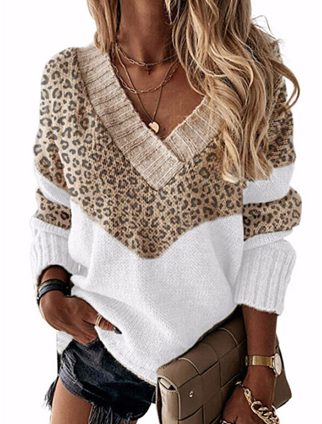 Damen V-Ausschnitt Pullover mit Leopardenmuster EB