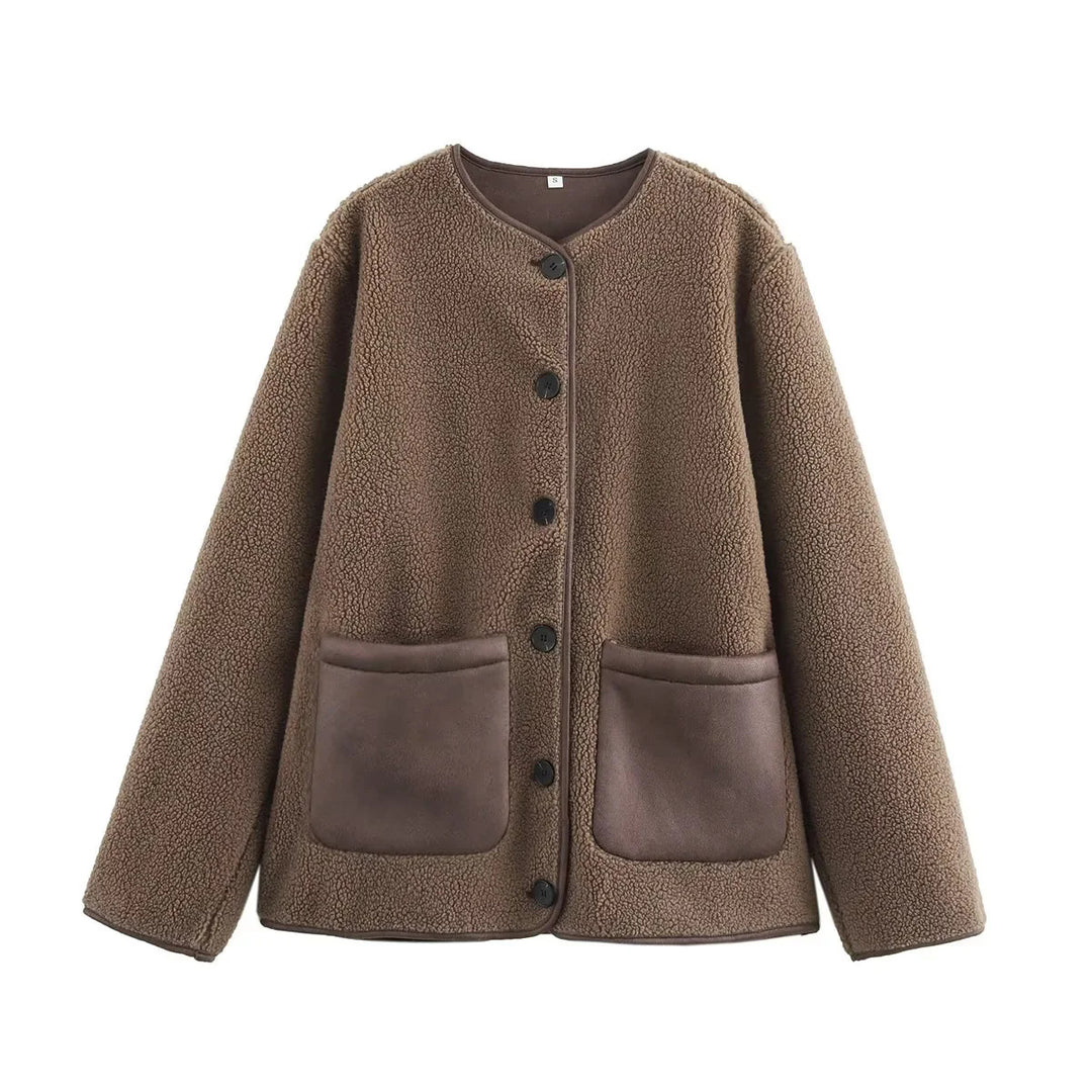 Damen kuschelige Teddyjacke mit praktischen Taschen und Knopfverschluss EB