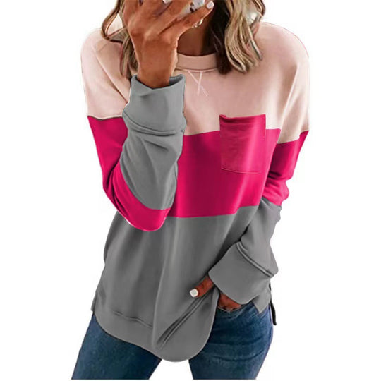 Damen Sportlicher Pullover mit Farbblockdesign und praktischer Brusttasche EB