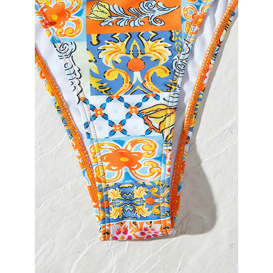 Damen Triangel-Bikini mit raffinierten Bindebändern und buntem Floral-Design EB