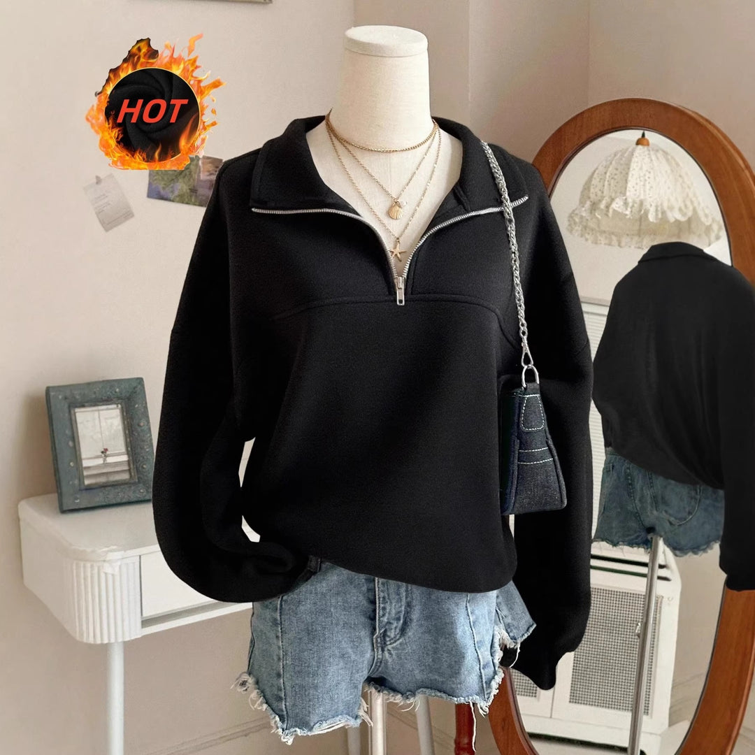 Damen nan Oversize Sweatshirt mit halbem Reißverschluss, Stehkragen und Ballonärmeln EB