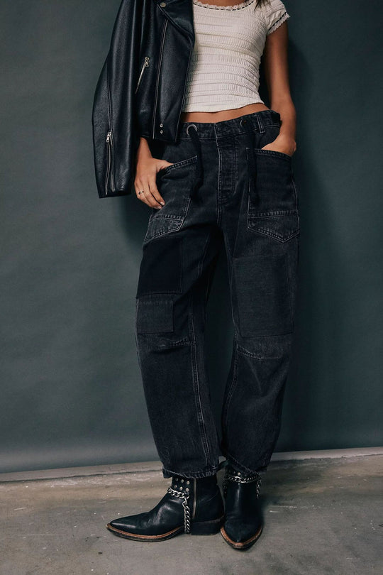 Damen nan hochgeschnittene Jeans im weiten Schnitt mit aufgesetzten Taschen und Kordelzug EB