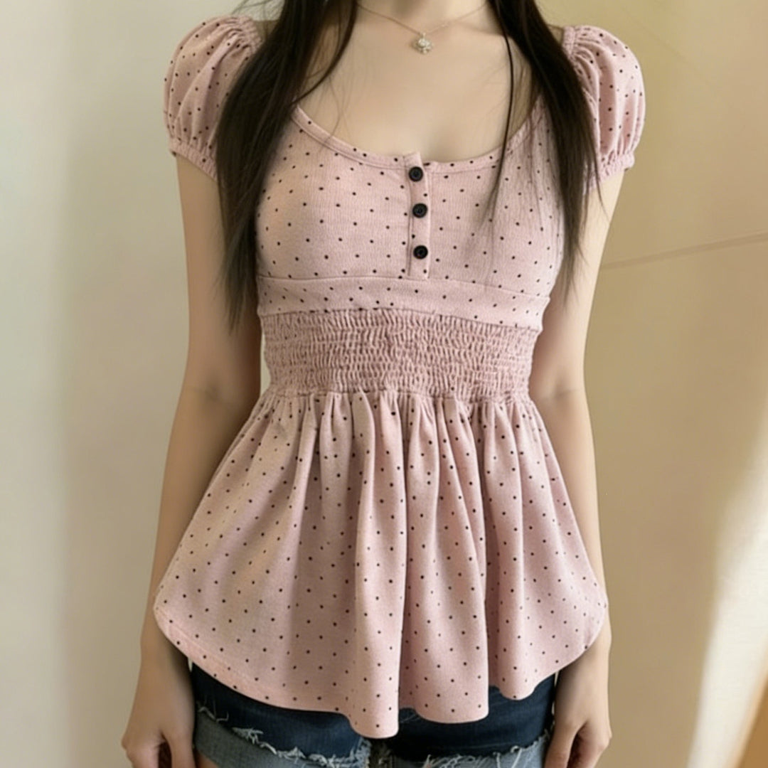 Damen Verspieltes Polka Dots Oberteil mit Rüschen und Knopfleiste EB