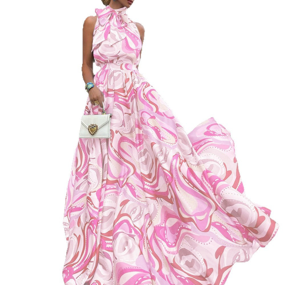 Damen Elegantes Maxikleid mit geknotetem Kragen und geschwungenem Muster EB
