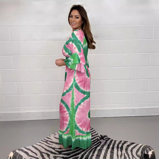 Damen Maxikleid mit asymmetrischen Ärmeln und einzigartigem Batik-Design EB