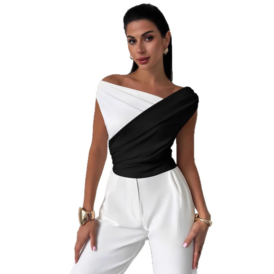 Damen nan elegantes asymmetrisches Drapiertop mit überkreuzter Vorderpartie und figurbetonter Taille EB