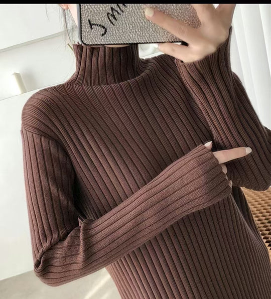 Damen Strickkleid mit feiner Rippstruktur und hohem Kragen EB