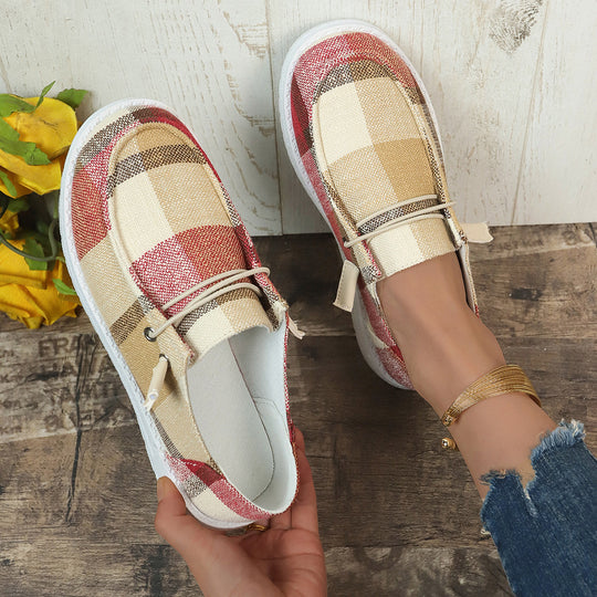 Damen Mokassin-Slipper mit kariertem Obermaterial und modischem Schnürdetail EB