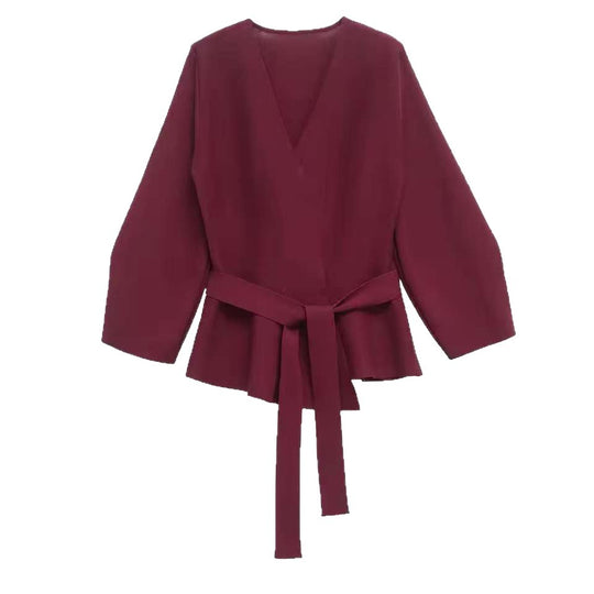 Damen Taillierte Bluse mit Wickelgürtel und Schößchen EB