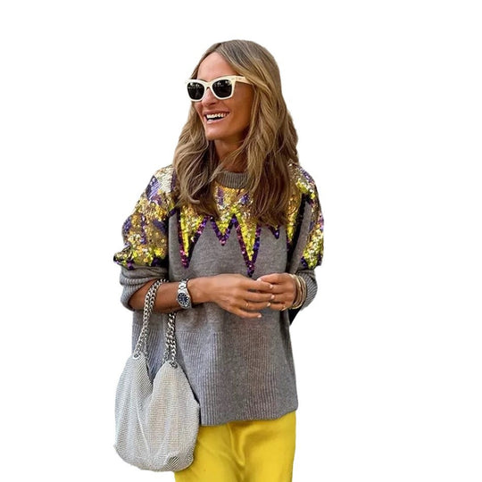 Damen Glitzerndes Oversize-Pullover mit einzigartigem Design und funkelnden Details EB