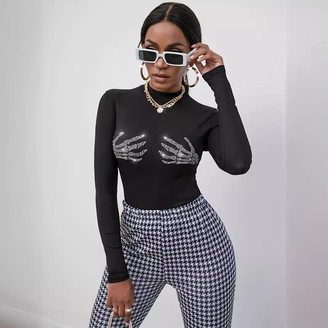 Damen nan figurbetontes transparentes Netz-Langarmshirt mit hohem Kragen und Strass-Skelettmotiv EB
