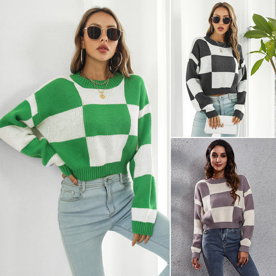 Damen Oversized Strickpullover mit modernen Karomuster und hohem Kragen EB