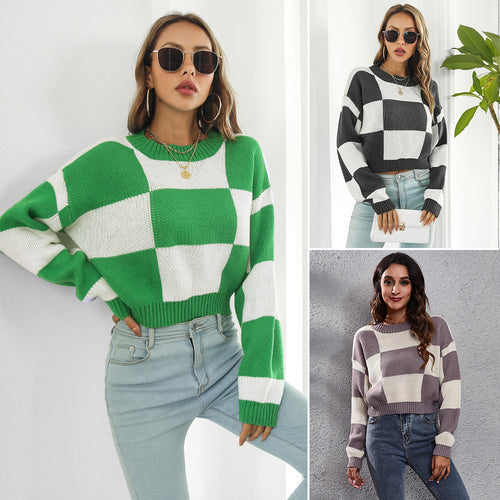 Damen Oversized Strickpullover mit modernen Karomuster und hohem Kragen EB