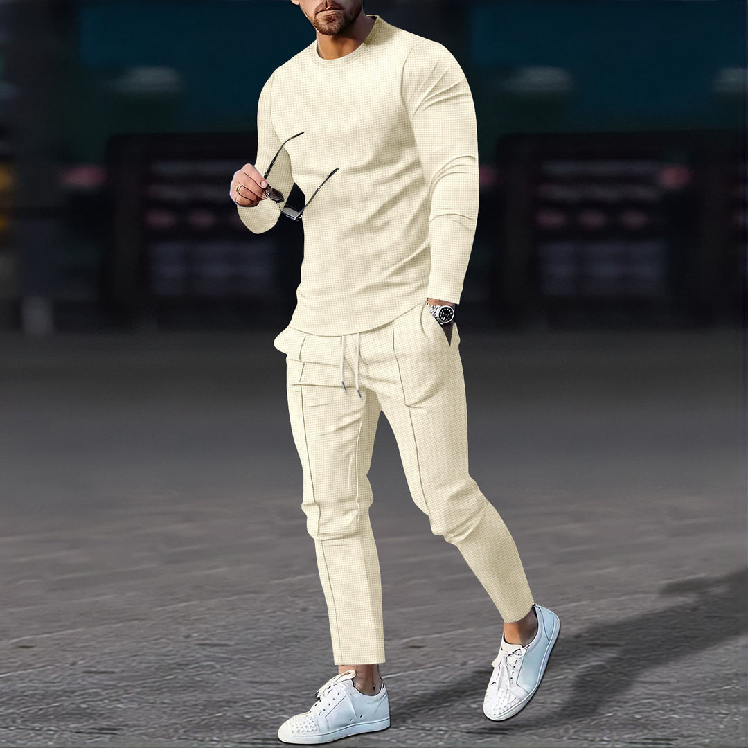 Herren nan modernes Lounge-Set aus feinem Stretchjersey mit Rundhals-Longsleeve und tapered Cargo-Jogger EB