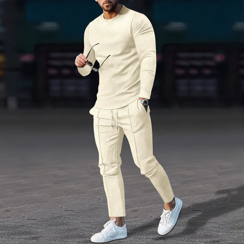 Herren nan modernes Lounge-Set aus feinem Stretchjersey mit Rundhals-Longsleeve und tapered Cargo-Jogger EB