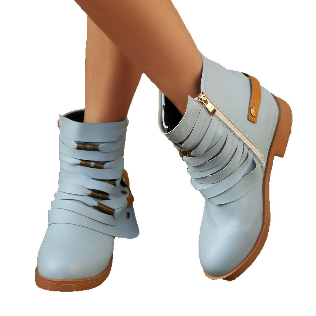 Damen Fransen-Ankle-Boots mit geschichteten Riemen und seitlichem Reißverschluss EB