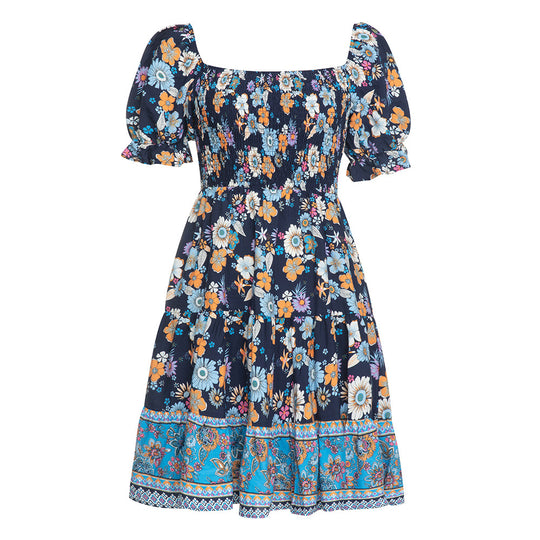 Damen Blumenmuster Maxikleid mit Puffärmeln und elastischem Taillengummi EB