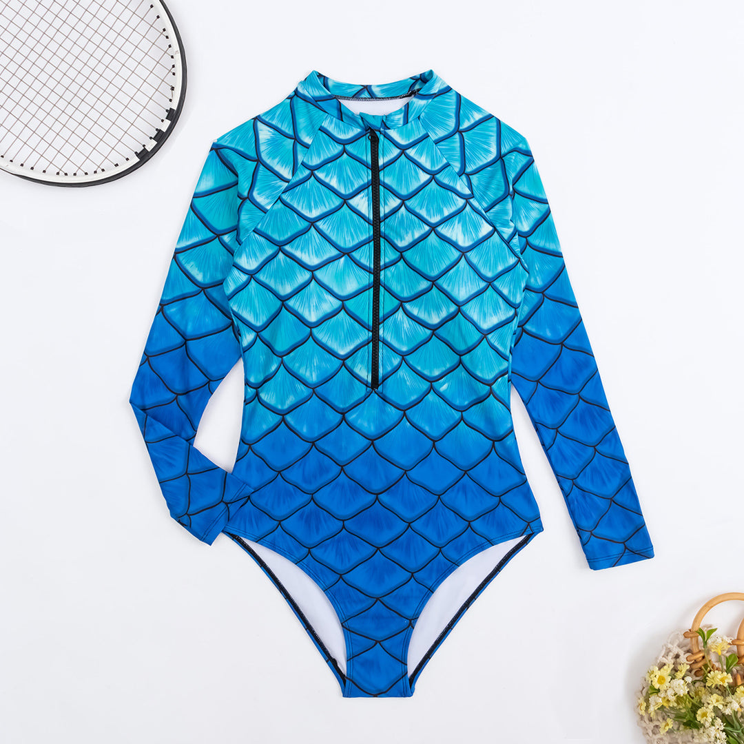 Damen Langarm-Schwimmanzug mit trendigem Fischschuppen-Design EB