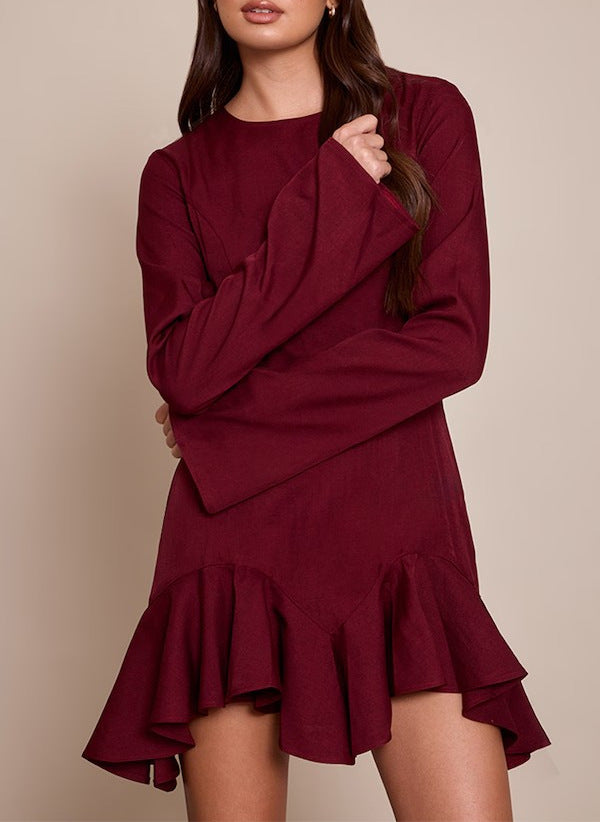 Damen Figurbetontes Langarm-Minikleid mit taillierten Nähten und Volant-Saum EB