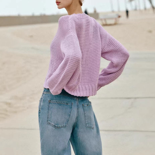 Damen Lockere Cropped-Strickjacke mit Knopfleiste und offener Struktur EB
