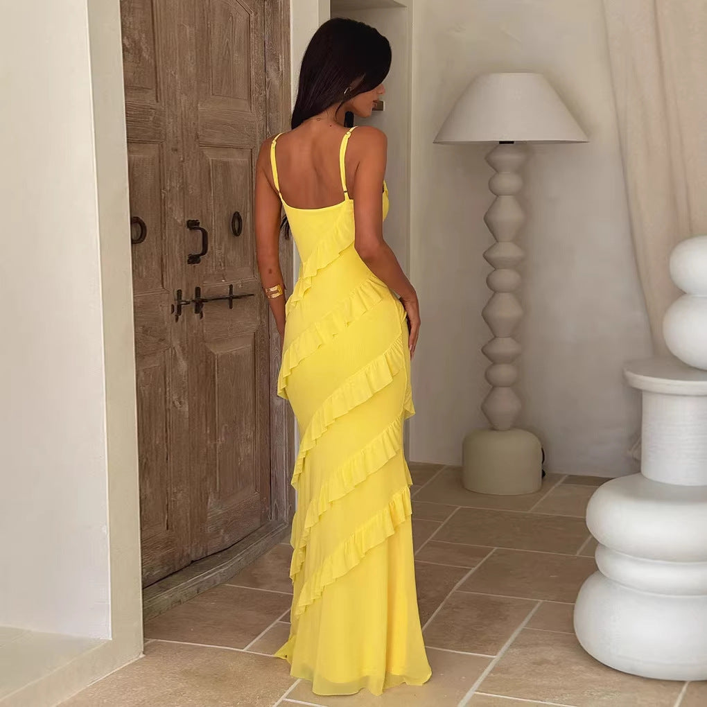 Damen Maxikleid mit elegantem Volantdesign und verstellbaren Trägern EB