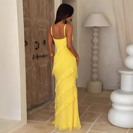 Damen Maxikleid mit elegantem Volantdesign und verstellbaren Trägern EB