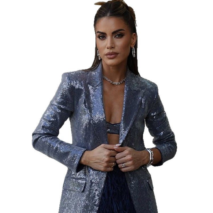Damen eleganter Pailletten-Blazer mit stilvollem Schnitt EB