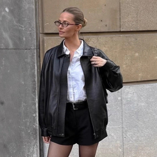 Damen Oversized Kunstlederjacke mit feinen Details und modischem Reißverschluss EB