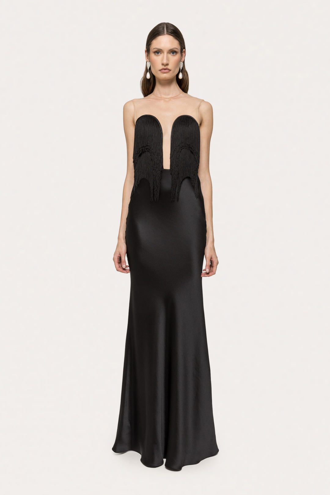 Damen Langärmliges Maxikleid mit tiefem V-Ausschnitt und fransierten Details EB
